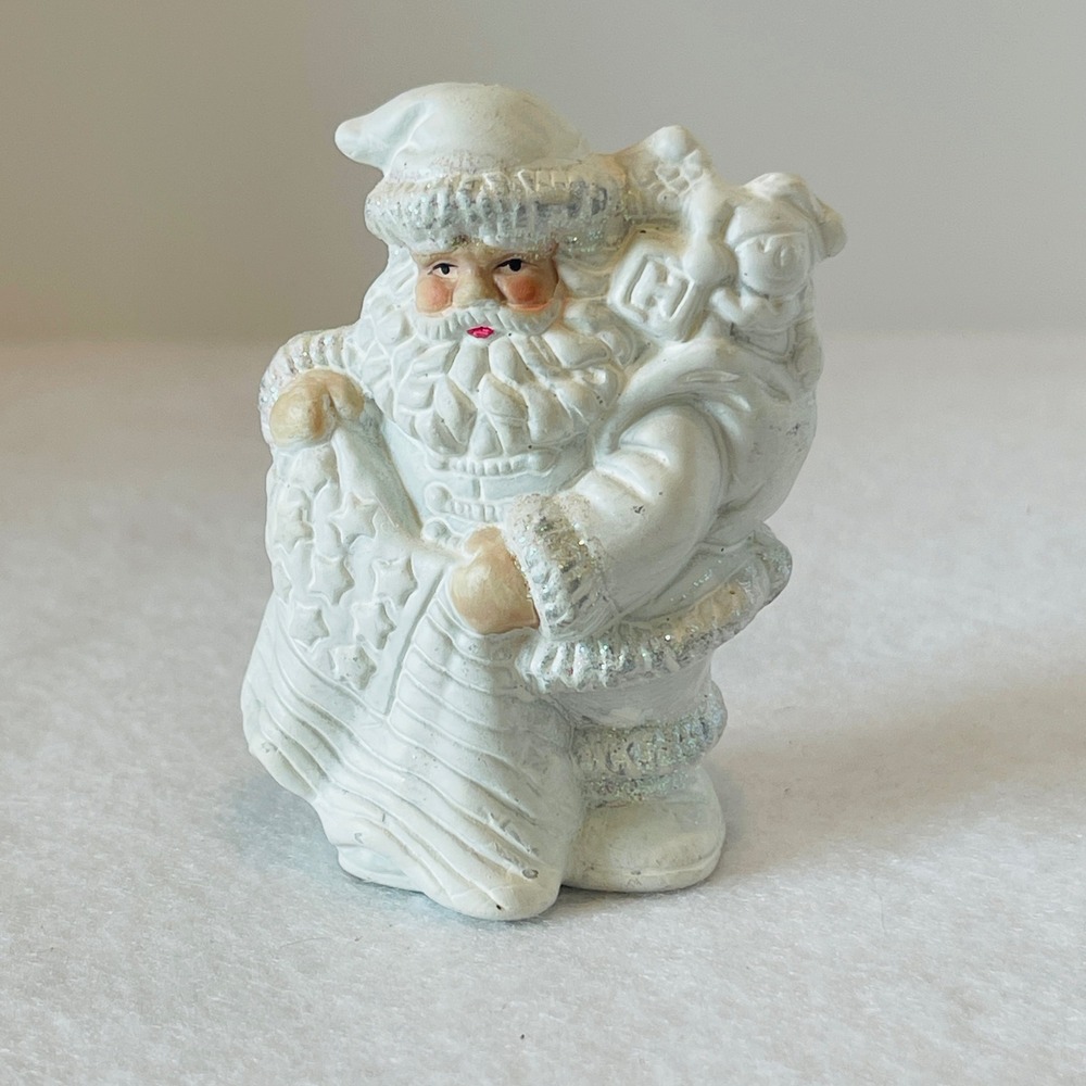 Vintage White Iridescent Glitter Santa Claus Figurine Christmas Decor 3 Inch